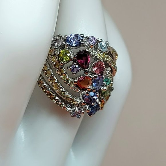 Natural Garnet, Emerald, Tanzanite 925 Sterling Silver Ring Sz 7.5 - Picture 5 of 9